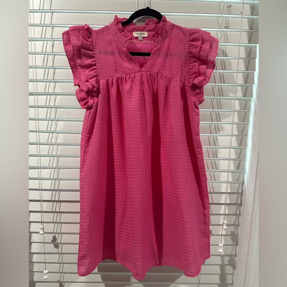 Umgee dress. Hot pink, waffle material and ruffle sleeves.